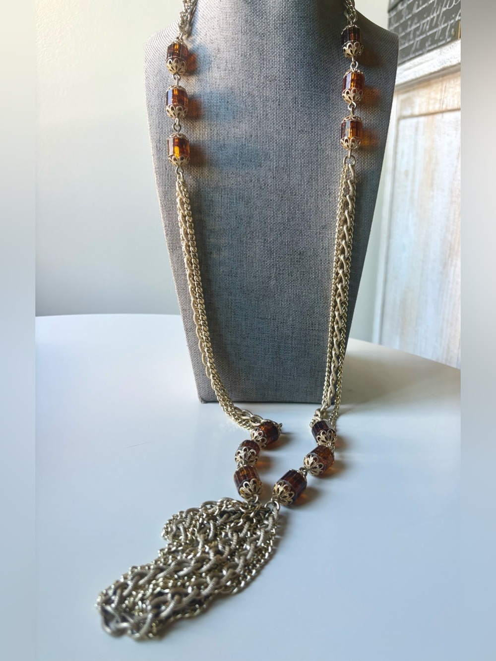 Sarah Coventry Golden Lanterns Gold-Tone Statement Necklace Amber Beads Tassel